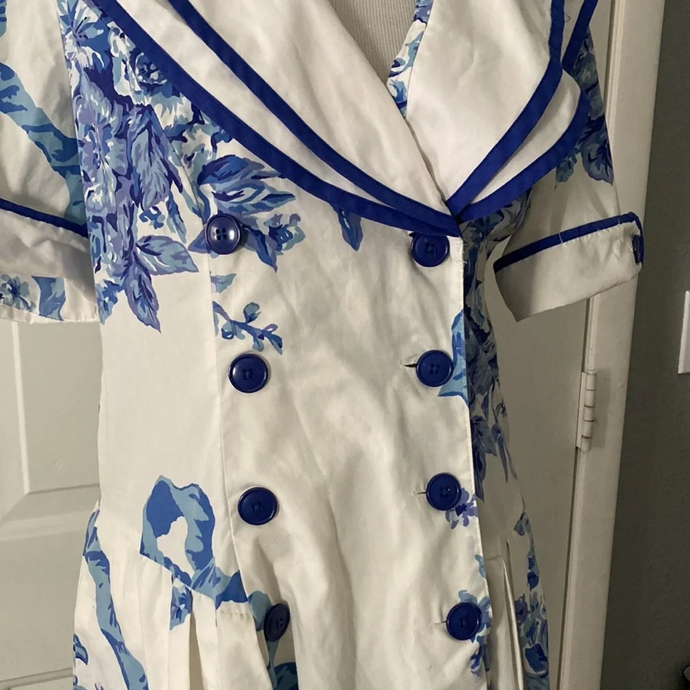 Vintage Sunshine Starshine 80s Toile Porcelain chinoiserie  dress button front - Picture 3 of 11